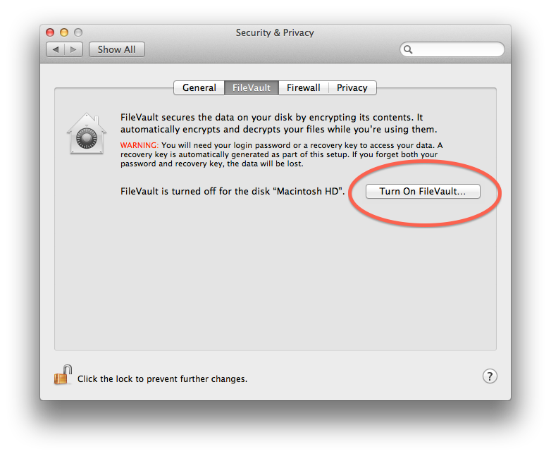 Turning on FileVault in System Preferences