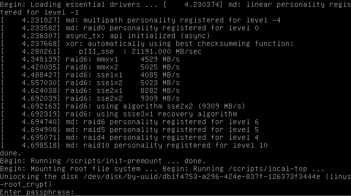 Enter passphrase to decrypt root filesystem