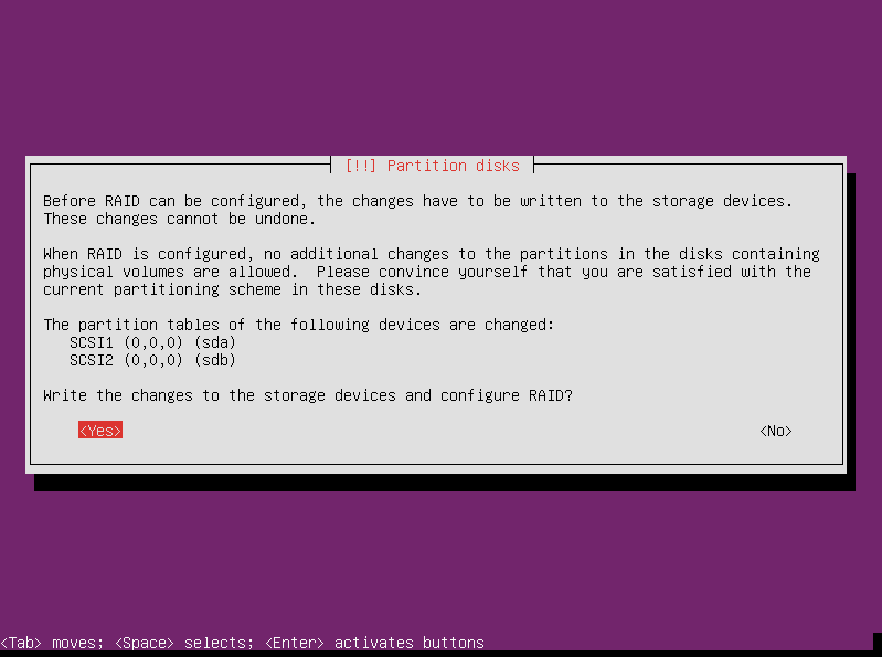 Confirm changes to disk partitions before configuring RAID