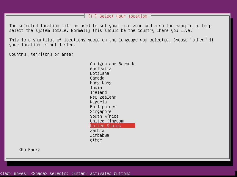 Select your location to install Ubuntu Server 12.04