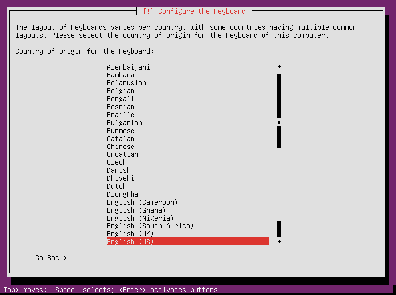 Select keyboard location of origin to install Ubuntu Server 12.04
