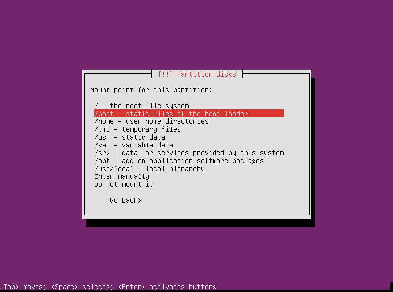 Select "/boot -- static files of the bootloader"